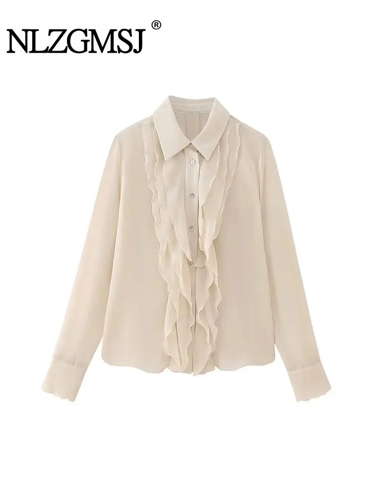 

Nlzgmsj TRAF 2023 Ruffle Blouse Female Blue Button up Shirts for Women Long Sleeve Office Women's Shirt Autumn Collar Shirts