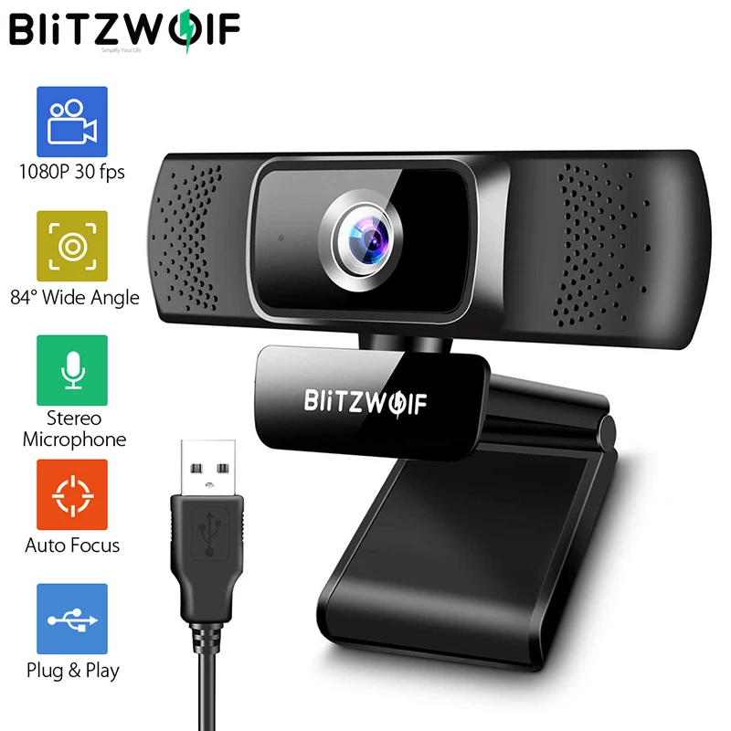 

Веб-камера Blitzwolf BW-CC1 1080P с автофокусом, Full HD 1920*1080, 30 кадров в секунду, USB 2,0, встроенный микрофон, видеокамера для телефонных звонков и прямых т...