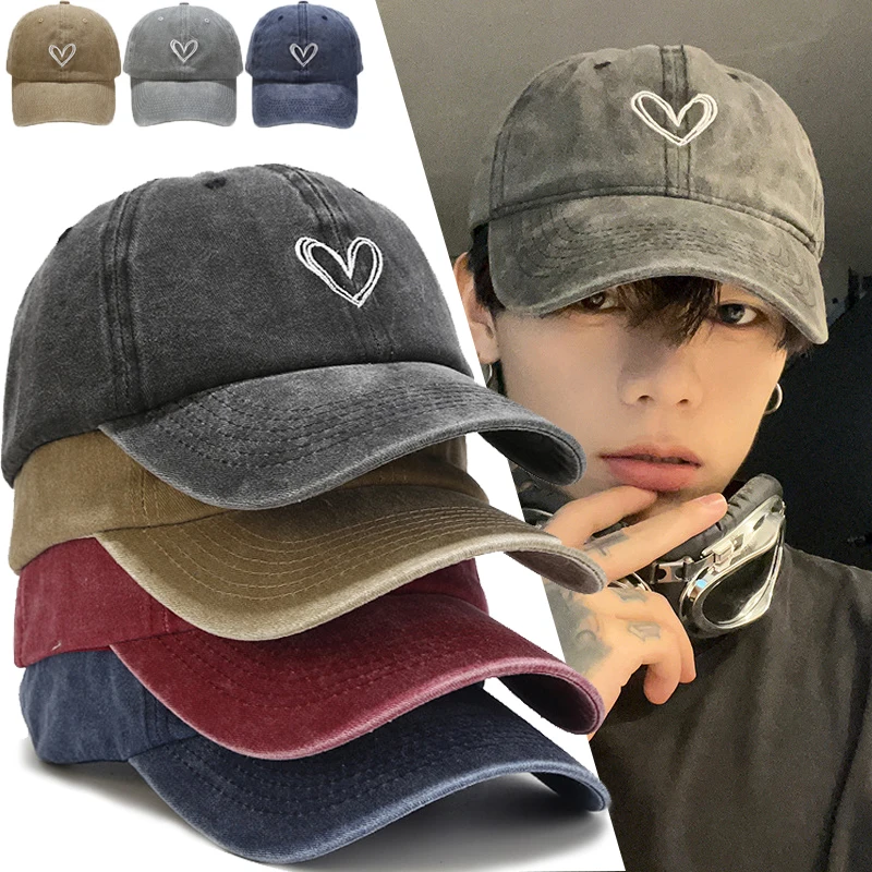 

Heart Embroidered Baseball Cap New Summer Retro Cowboy Make Old Cotton Hat Fashion Simple Men Women Outdoor Travel Sunshade Caps