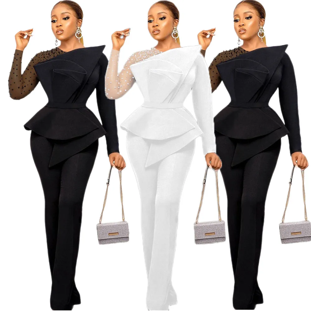 

African Women Mesh Beads Patchwork Long Sleeve Pants Jumpsuit Playsuit Romper Overalls Outfits Evening Clothing Ankara Dashiki