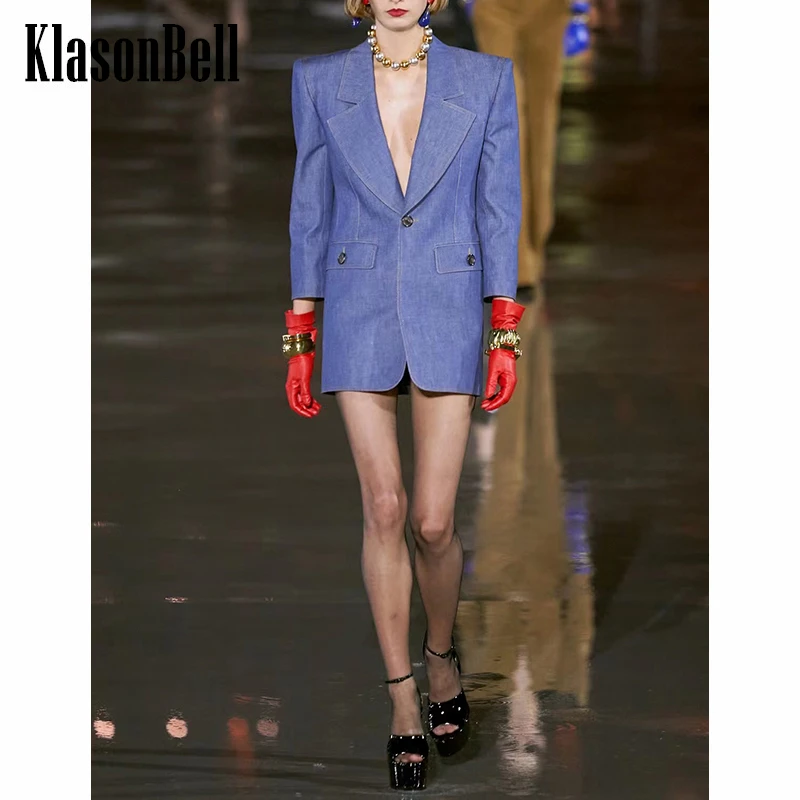 

3.4 KlasonBell Runway Fashion Back Split Washed Denim Blazer Jacket Women