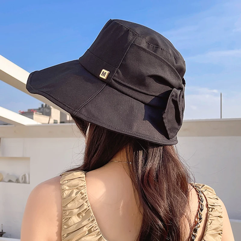 

Панама женская с черным бантом, Модная хлопковая шляпа от солнца, для рыбалки, лето 2022