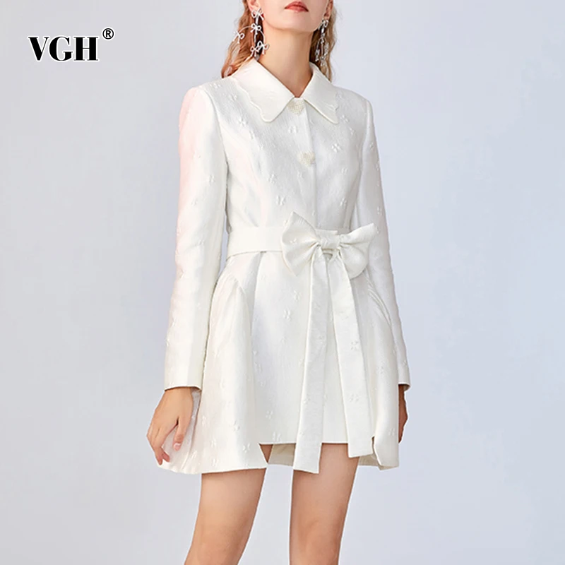 

VGH Casual White Patchwork Bowknot Mini Dress For Women Lapel Long Sleeve Gathered Waist Solid Lace Up Dresses Female 2021 Style