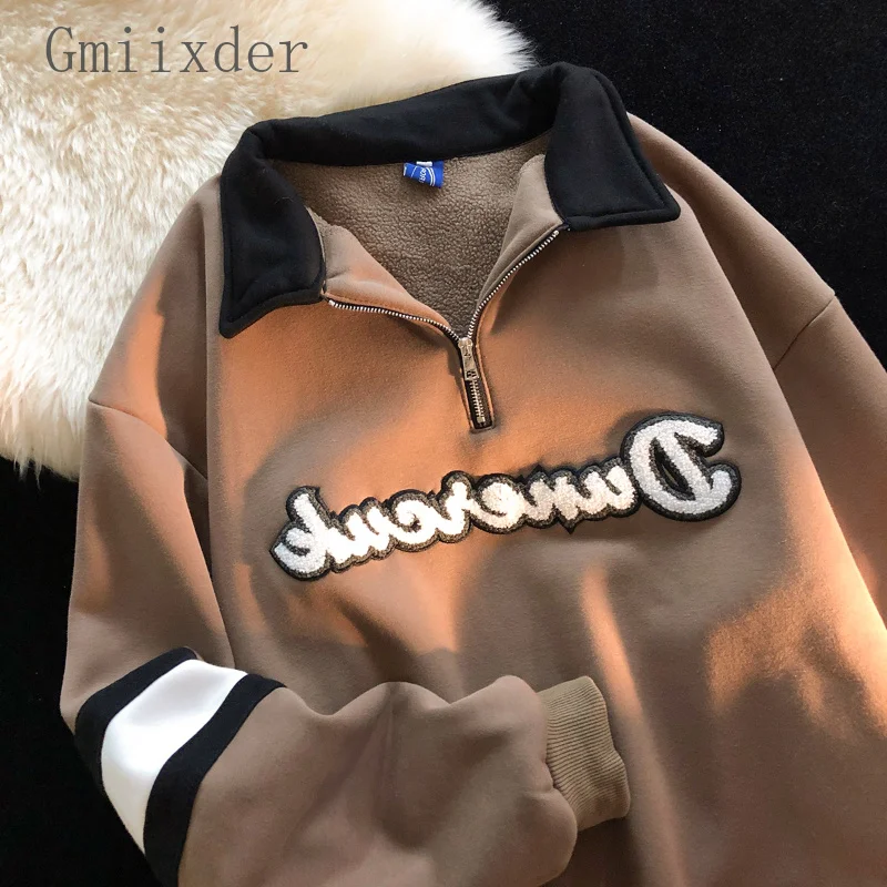

Vintage Half-zip Lapel Letter Sweatshirt for Men Women 2023 Autumn Winter Oversize College Style Plush Flocking Jacket