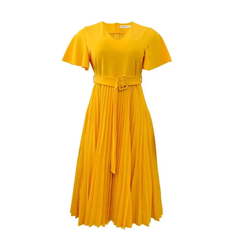 

2022v neck Ruffle sleeve large pleated African mother dress yellow black red fashion casual skirt Designer