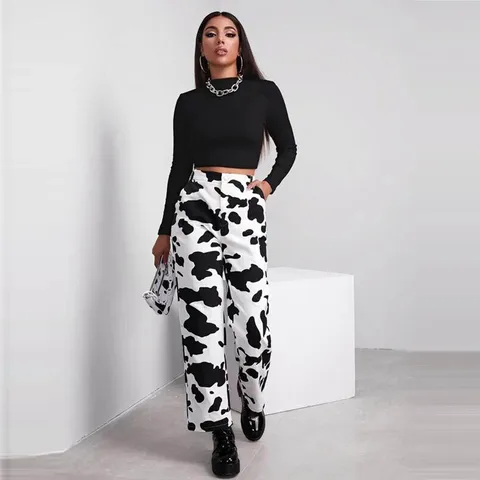 2023 New Design Ladies Wide Leg Pants Fashion Women High Waist Loose Pocket White Cow Printed Jeans Pantalones De Mujer