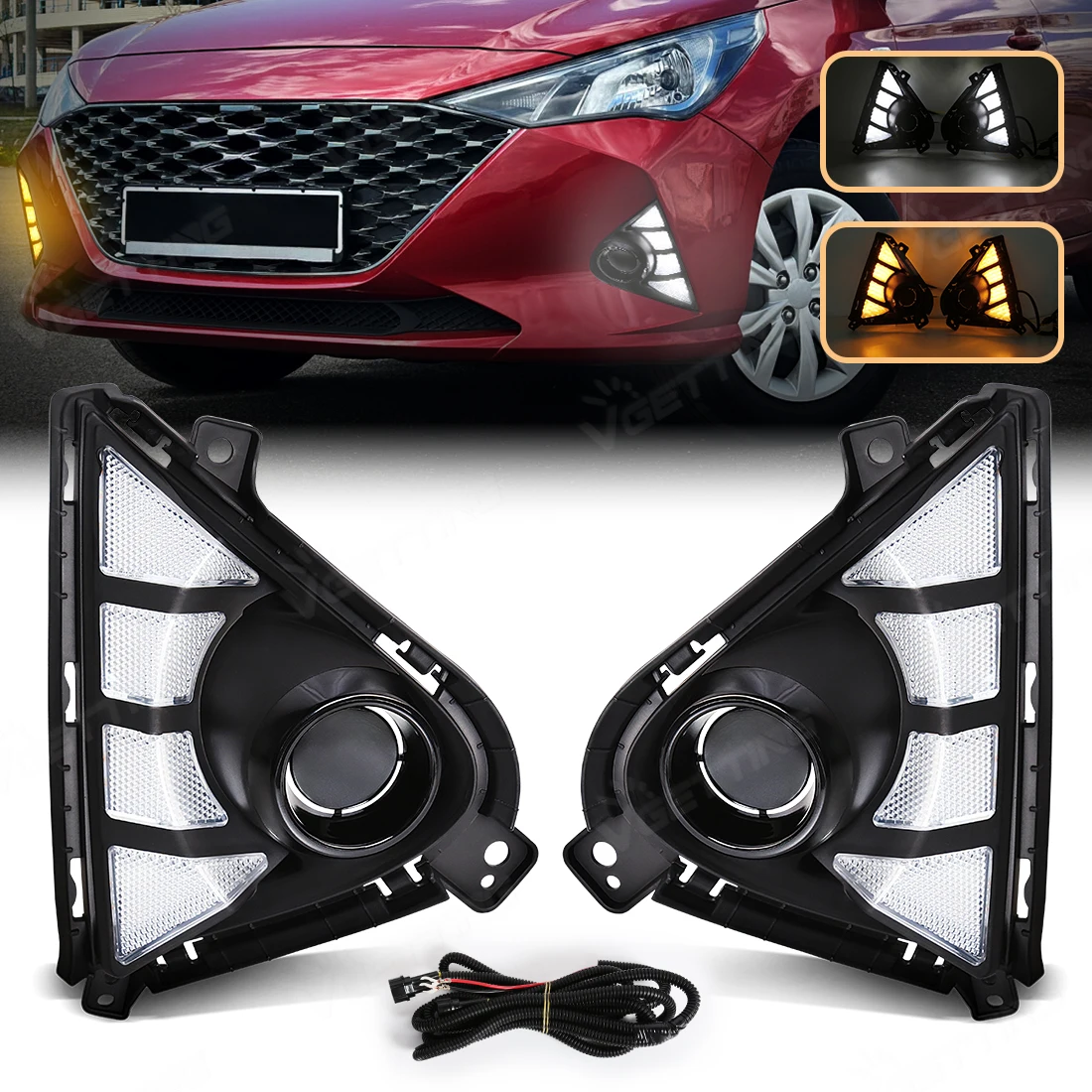 Фото 2-цветные светодиодные дневные ходовые огни для Hyundai Accent 2021 2022 2023 указатель поворота переднего бампера противотуманные фары DRL автомобильные аксессуары №1