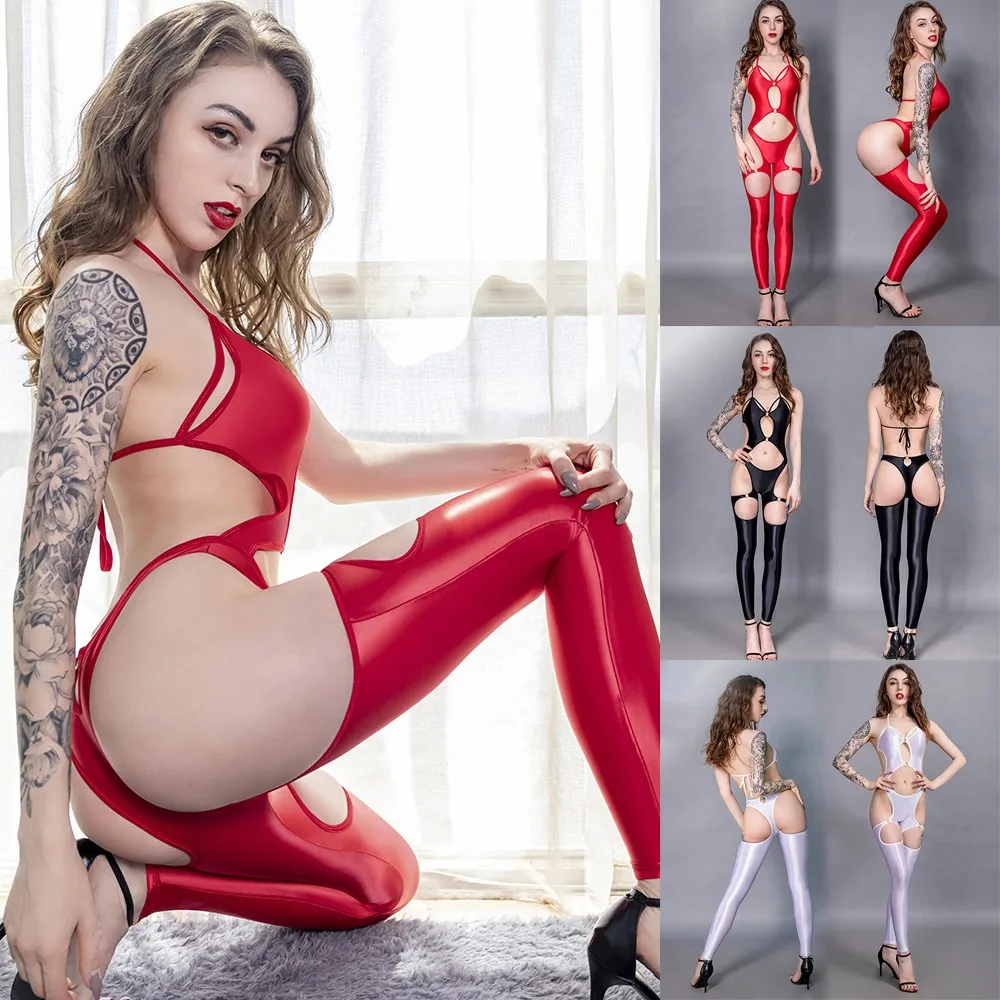 

Women's Sexy Shiny Glossy Bodysuit Hollow Out Backless Leotard Jumpsuit Lingerie Stockings Sleepwear