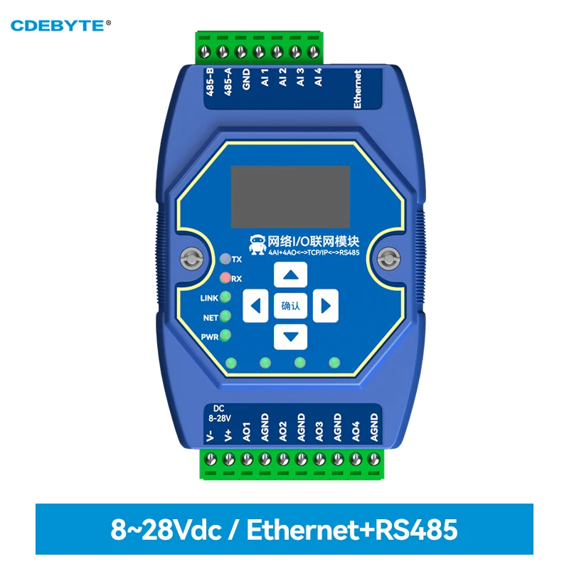

I/O Networking Module 4AI+4AO 0-20mA/4-20mA RJ45 RS485 CDEBYTE ME31-XAXA0404 8-28V Modbus TCP/RTU Modbus OLED Display