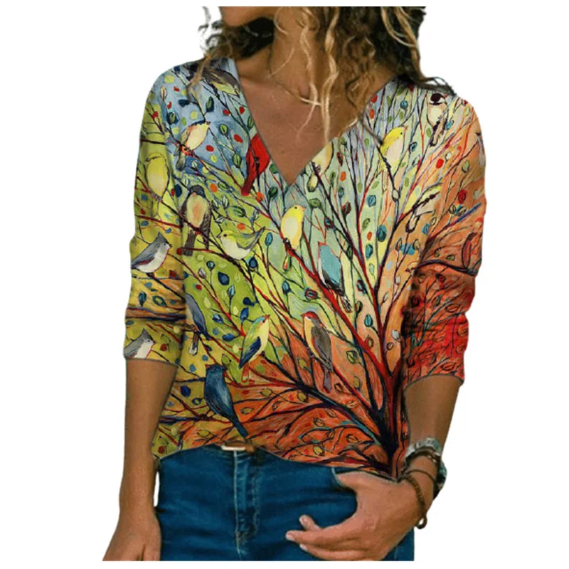 

2021 New Spring Autumn Women Floral Print T Shirt Casual Streetwear Fashion Female V-Neck Long Sleeve Large Size Tops 4XL 5XL