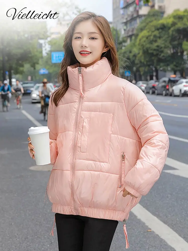 Vielleicht 2022 New Winter Women Short Parkas Jackets Casual Thin Warm Stand Collar Solid Winter Coat Women Clothes Outwear