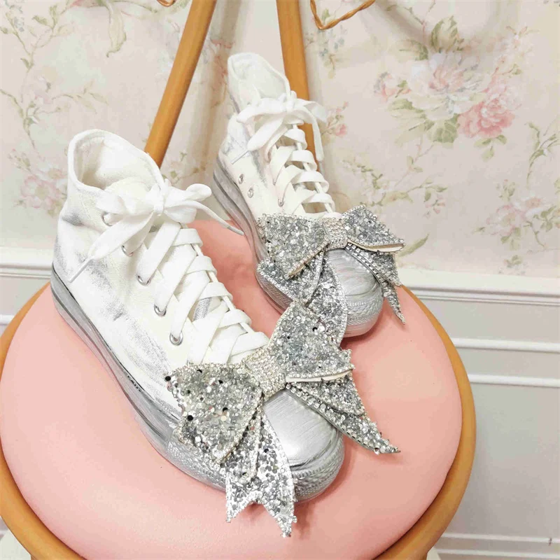 

Lace-up women's shoes to make old high-top small dirty shoes canvas shoes rhinestone bow walking shoes large size 35-46