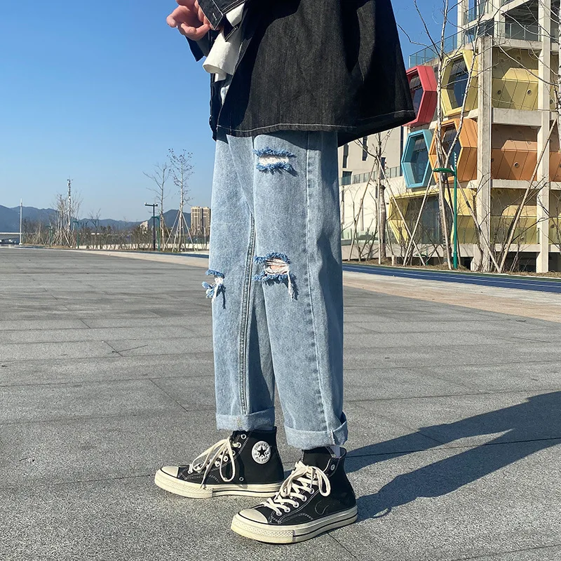 New Men's Ripped Jeans Ins Trend Solid Color Wide-leg Ripped Straight Nine-point Pants Fashion Streetwear Men джинсы для мужчин