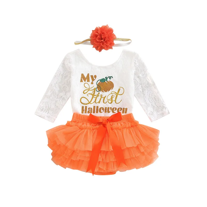 

3Pcs Baby Girls Holiday Outfit Summer Lace Patchwork Long Sleeve Romper + Tulle Bloomers + Headband Set 0-18 Months