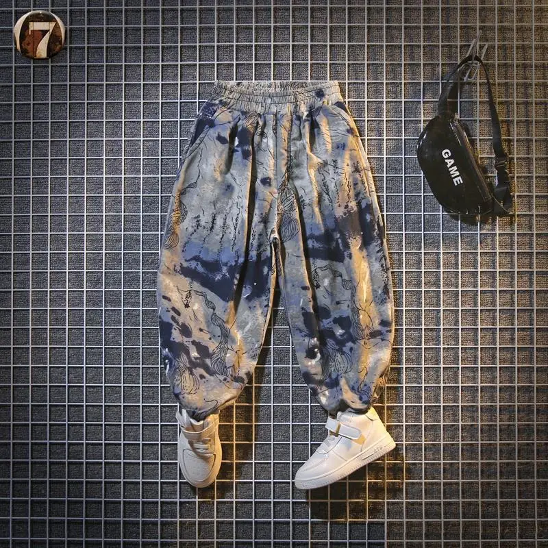

Boys' nine-point pants summer children's Chinese style pants ink tie-dye loose bloomers boys cotton linen anti-mosquito pants
