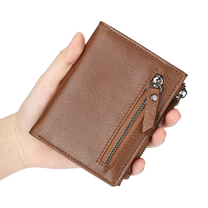 Top Layer Cowhide Men's Wallet With Double Zipper DFID Multifunctional Retro Wax Leather Wallet Genuine Leather Bag Short Wallet