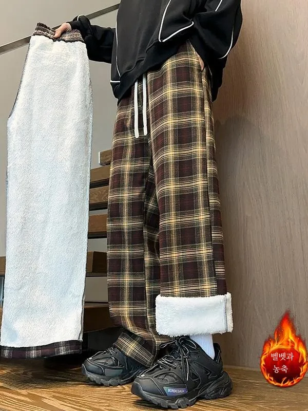 Утепленные брюки в клетку кофейного цвета на флисовой подкладке мужские зимние