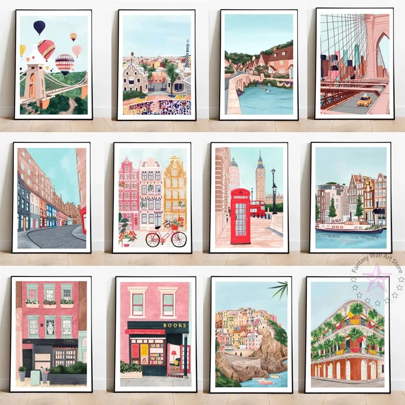 

Minimalist City View Travel Poster New York Barcelona Amsterdam Bristol Cuba Eiffel Tower Canvas Painting Home Decor Wall Art