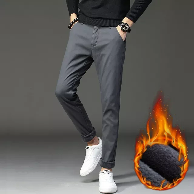 

NEW IN Winter New Men's Warm Casual Pants Business Fashion Slim Fit Stretch Thicken Trousers Male Brand Khaki Navy Gray Pant
