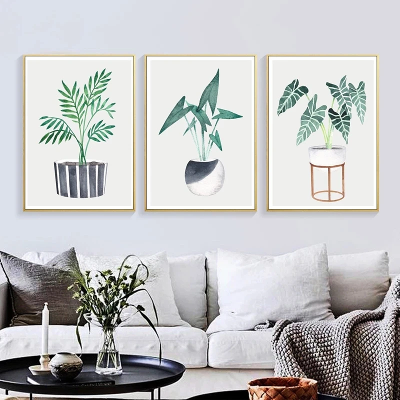 Освежающие растения Печать CanvasPainting акварель зеленая стена искусство Декор