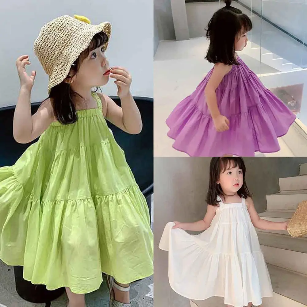 

Yfashion Baby Girls Sling Dress Kids Green Cotton Sleeveless Pleated Skirt Cute Solid Color Sling Beach Girls Dress Summer Beach