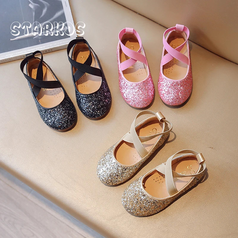 

Glitter Ballerina Shoes Girls Luxury Bling Bling Party Dress Ballet Flats with Cross Tied Elastic Band in Gold Pink Color