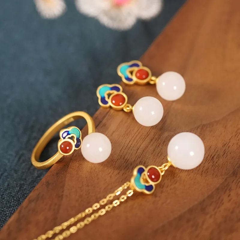 

XL254 ZFSILVER 925 Silver Fashion Trendy Luxury Hetian Jade Gold Blueing Cloud Earrings Ring Necklaces For Women Wedding Jewelry