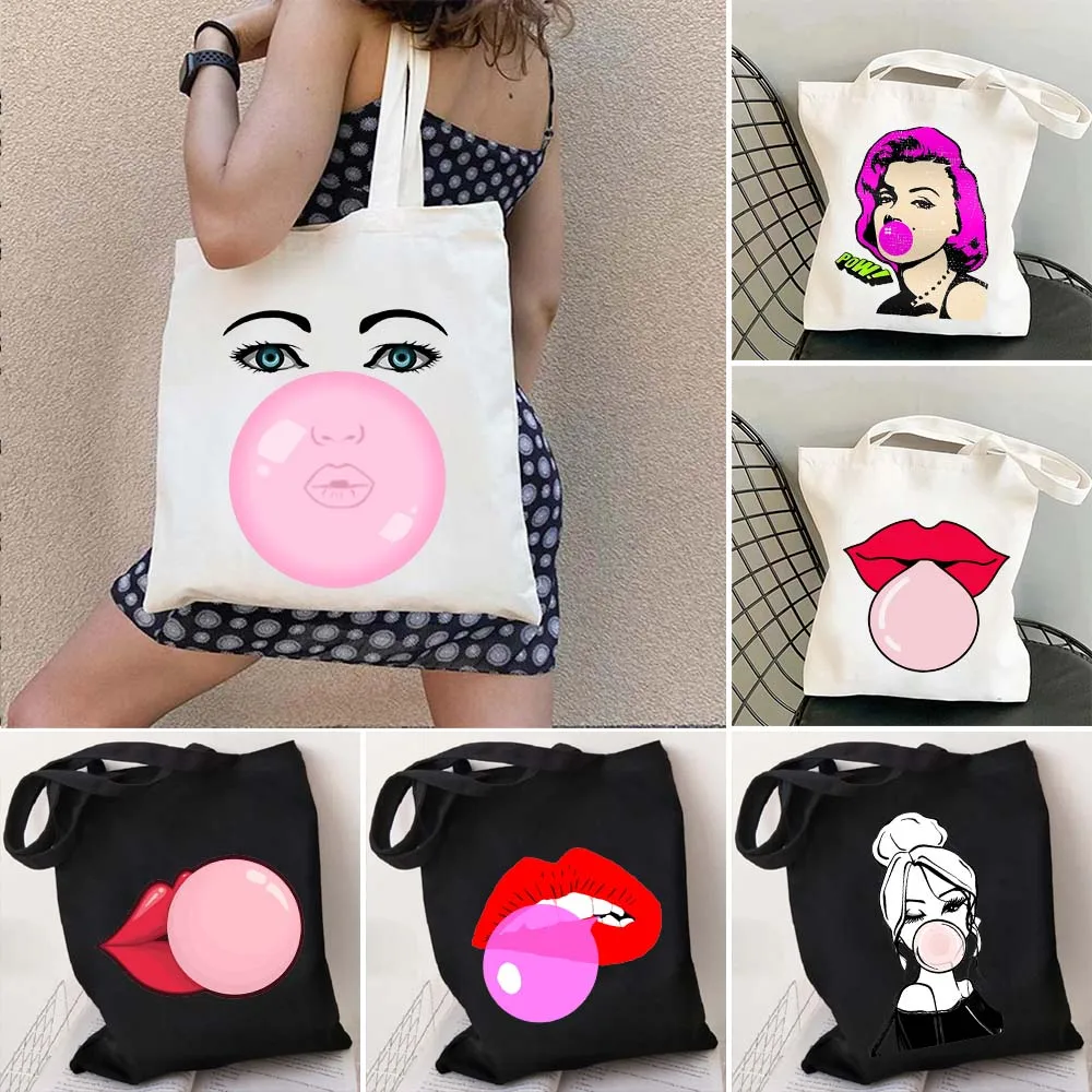 

Сумка-тоут женская из хлопка, парусиновая пляжная сумочка для покупок, с рисунком красных губ, Мэрилин, жвачка-пузырь для губ, любящее сердце, шоппинг