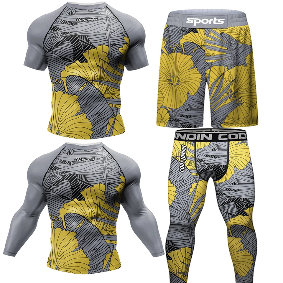 

Боксерский набор для ММА, компрессионные мужские спортивные футболки + штаны, Рашгард, джитсу, Bjj, трикотажная одежда
