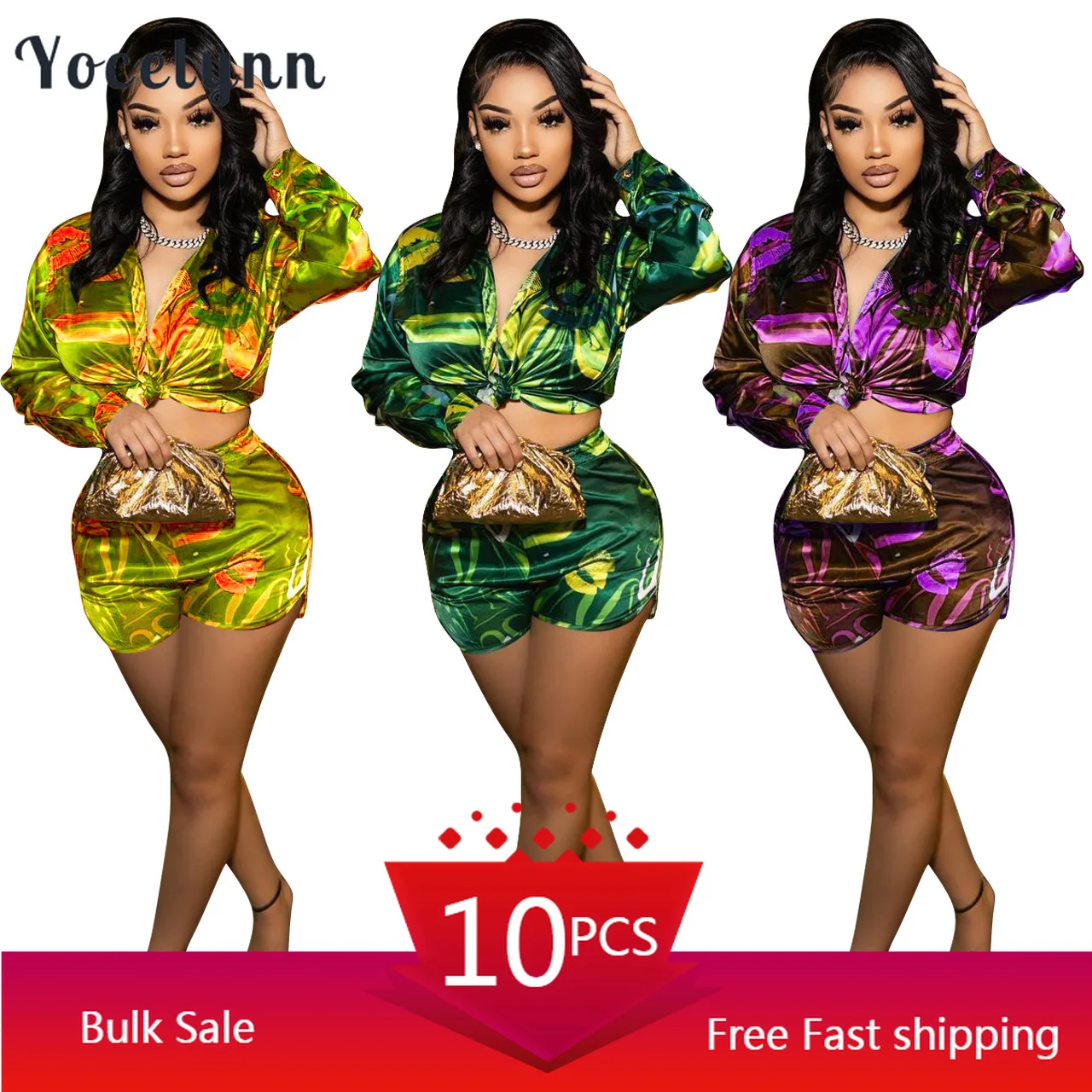 

Bulk Item Wholesale Lots Summer Fashion Printed Two Piece Sets Long Sleeve Shirt and Shorts Set Night Club Party Outfits 2022