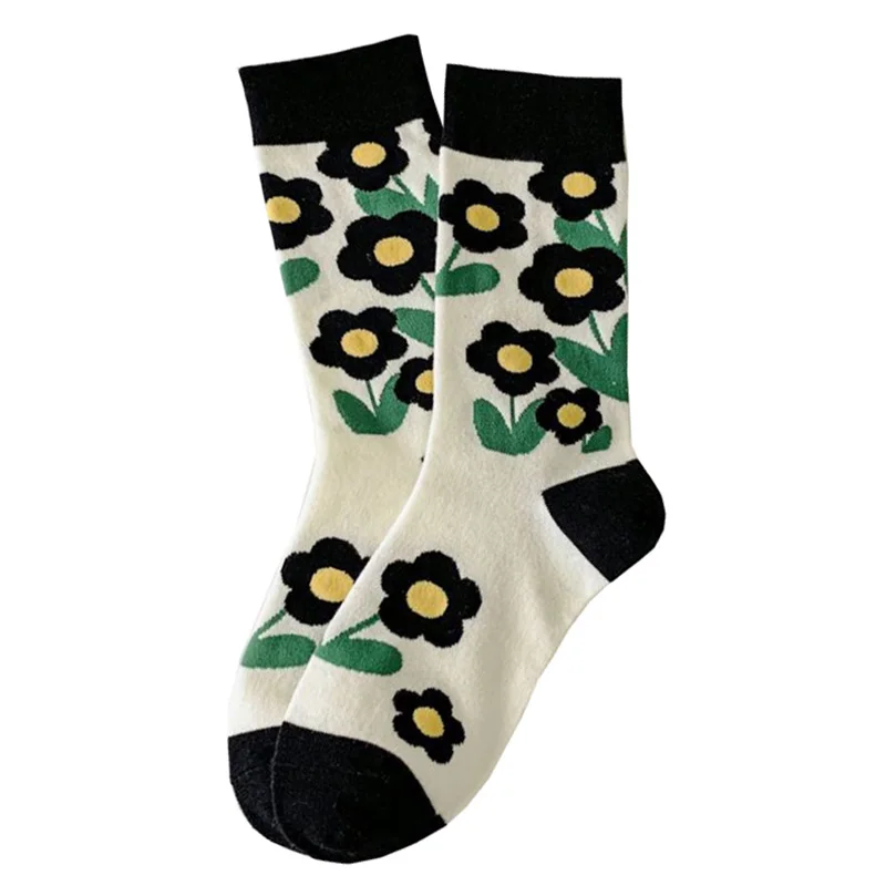 5 Pairs Long Winter Cotton Socks Women Flowers Print Luxury Socks   Fashion Black White Stitching Kawaii Slouch Chaussette Femme
