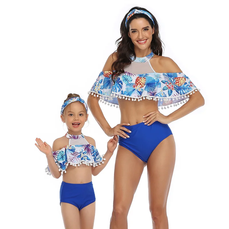 

High Waist Tassel Two Piece Parent-child Swimwear Women Mother Daughter Swimsuit Girls Bathing Suit Family Matching Bikini Set