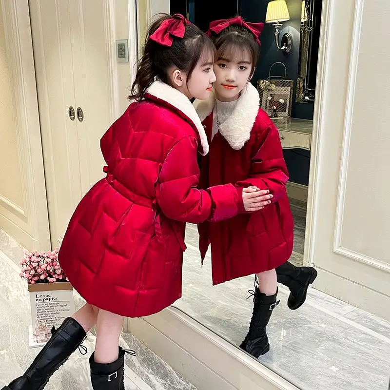 

Girls Winter Celebration Parkas New Year Children's Clothes Fashionable Down Cotton Padded Jacket with Plush Thickened Kid Coats
