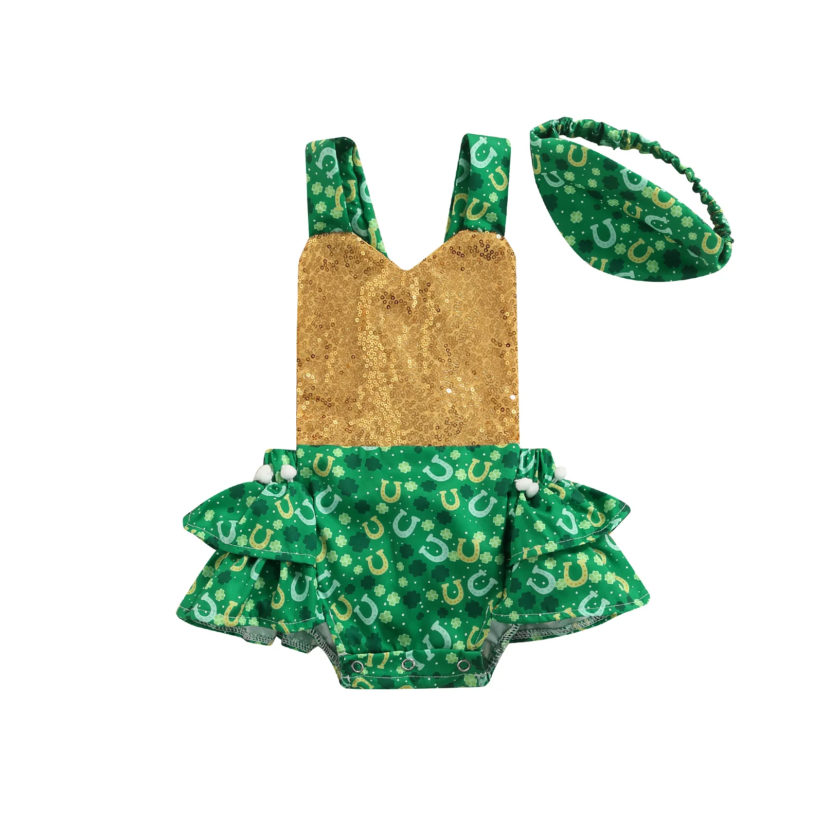 

St. Patrick's Day Infant Baby Girls Clothing Summer Sleeveless V-neck Backless Sequin Ruffled Triangle Bodysuit Elastic Headband