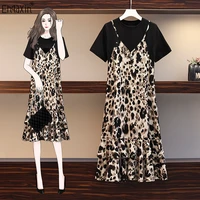 ehqaxin ladies new dress 2022 summer fashion leopard print sling splicing ruffle short sleeve long loose dresses female m 4xl