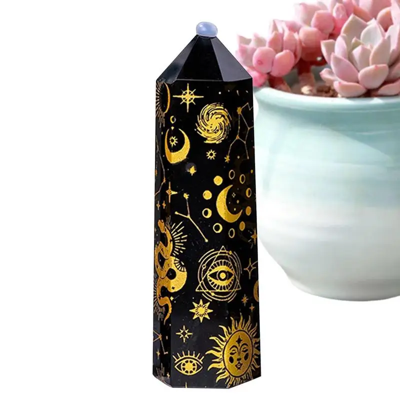 Natural Obsidian Crystal Hexagonal Prism Decoration Sandblasting Stone With Star Moon Sun Pattern Single Spire Stone Fish Tank