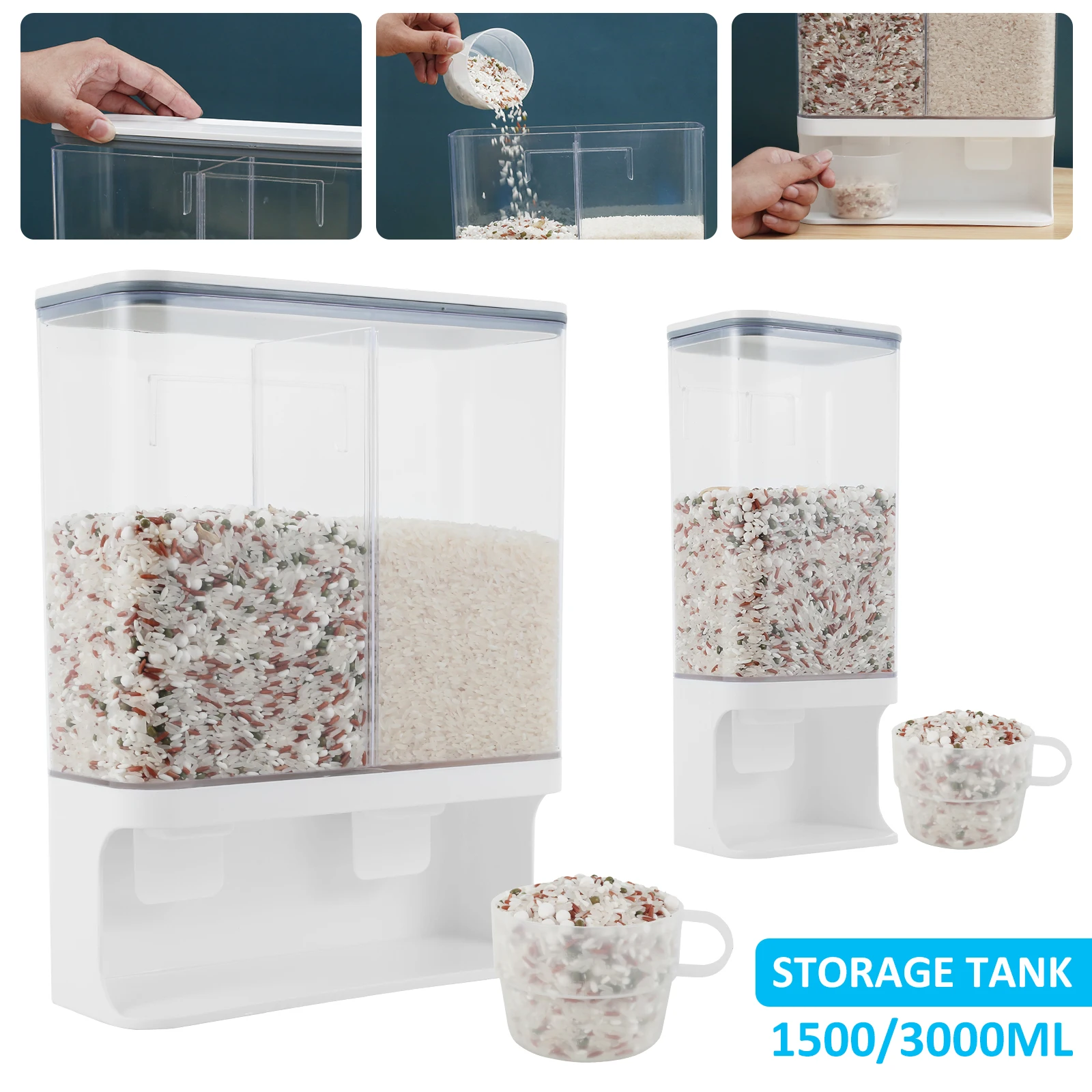 

Rice Dispenser Wall Mounted Rice Storage Containers 1500/3000ML Kitchen Grain Organizer Transparent Sealed Rice Dispenser with