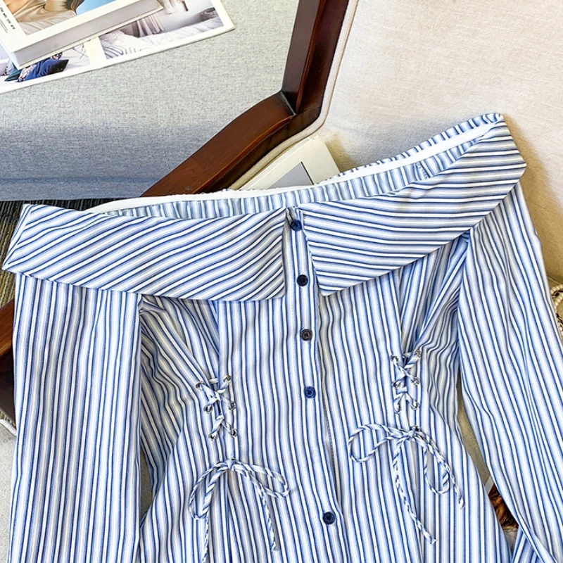 Новинка лета 2024 небольшая свежая модная пикантная полосатая рубашка облегающий