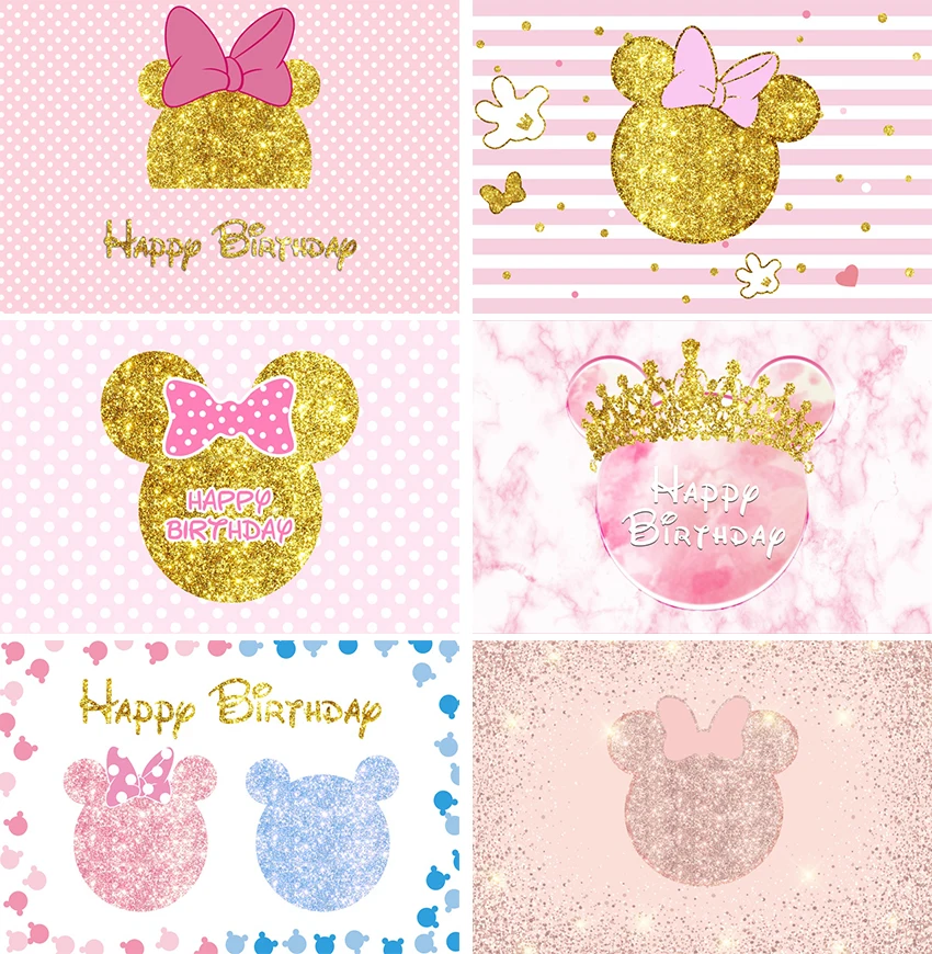 

Golden Minnie Mouse Backdrop Floral Pink White Strips Flower Polka Dot Girl Baby Shower Birthday Party Photography Background