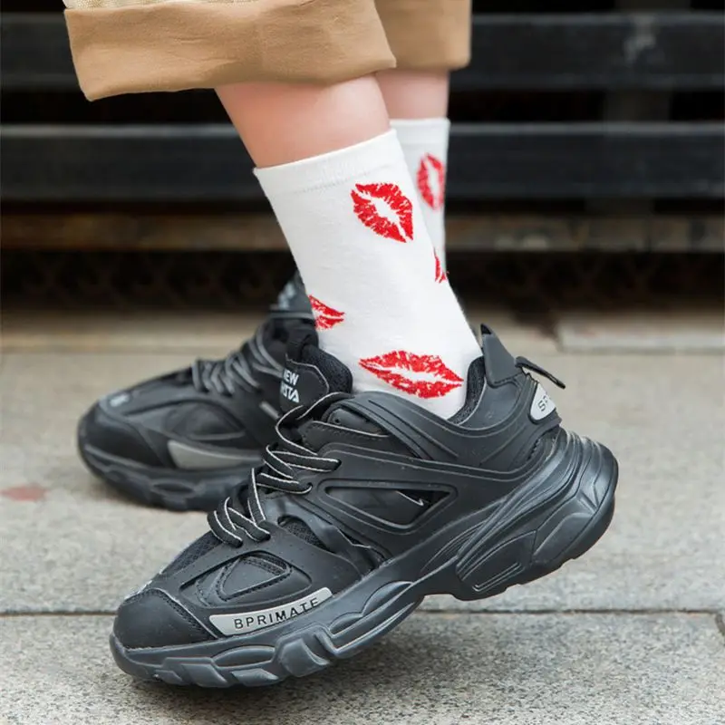 5pairs Women's Autumn New Red Lips Socks Personalized Fashion Cotton Crew Socks Men Korean Version Of Hip Hop Trendy Happy Socks