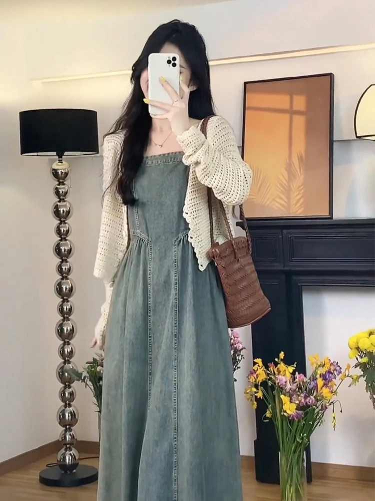 Новинка 2024 летний джинсовый кардиган на бретельках во французском стиле в ретро