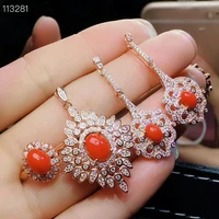 meibapj luxurious natural red coral gemstone jewelry set 925 silver ring necklace earrings 3 pieces suits wedding jewelry