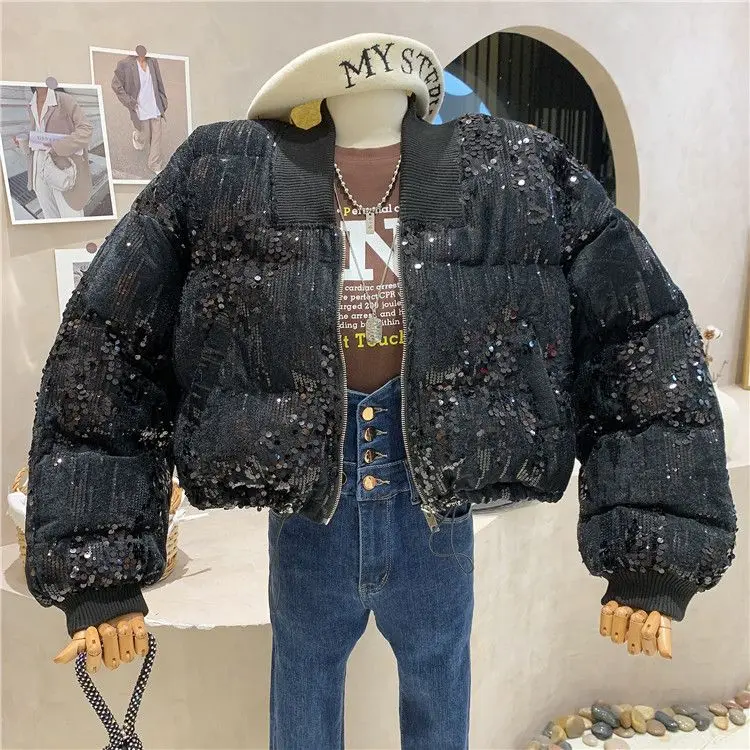 Blingbling Autumn Winter Sequins Velvet Women Cotton-padded Coat All-match Baseball Wadded Jacket Casual Long Sleeve Parkas 2022
