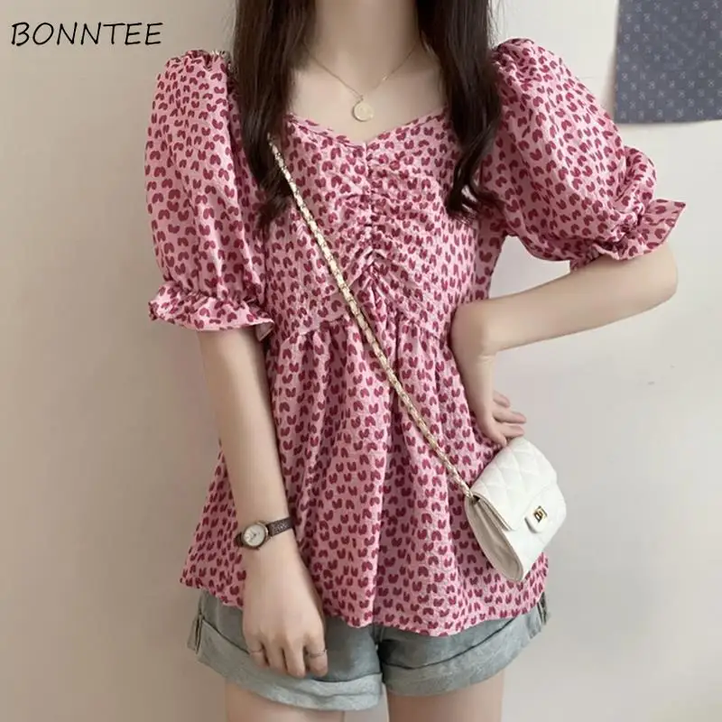 

Blouses Women Lovely Puff Sleeve Ulzzang Design V-Neck Korean Style Summer Ins Sweet Elegant Leisure Fashion All-match Female