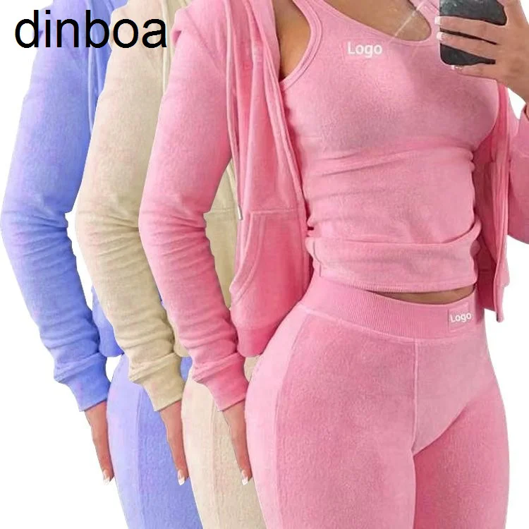 

Loungewear Custom Streetwear Bodysuit Tracksuits Pink Terry Toweling Vest Short Sweatshirt and Sweatpants Pants 4 Two Piece Sets