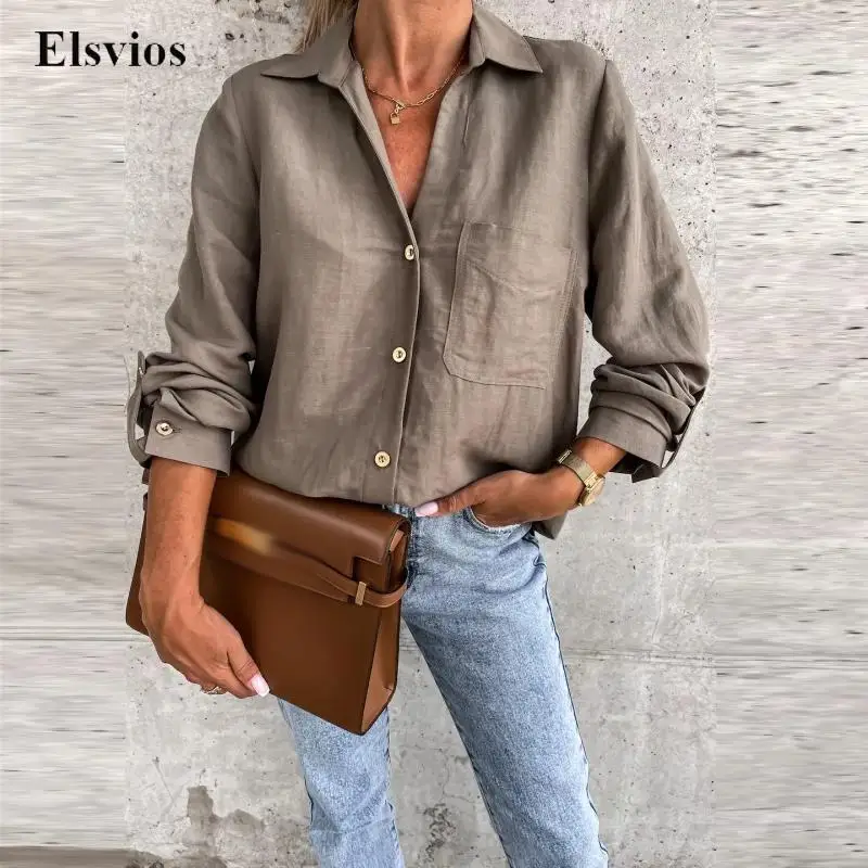 

Autumn Adjust Long Sleeve Blouse Women Office Lady Simple Fashion Shirts Blusa Elegant Turn-down Collar Button Loose Blouse Tops