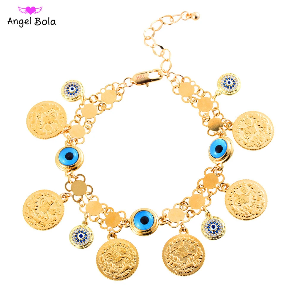 Designer Chrams Boho Coin Gold Muslim Evil Eye Bracelet Zircon Luxury Middle East Gold Bracelets for Women Bridal Jewelry