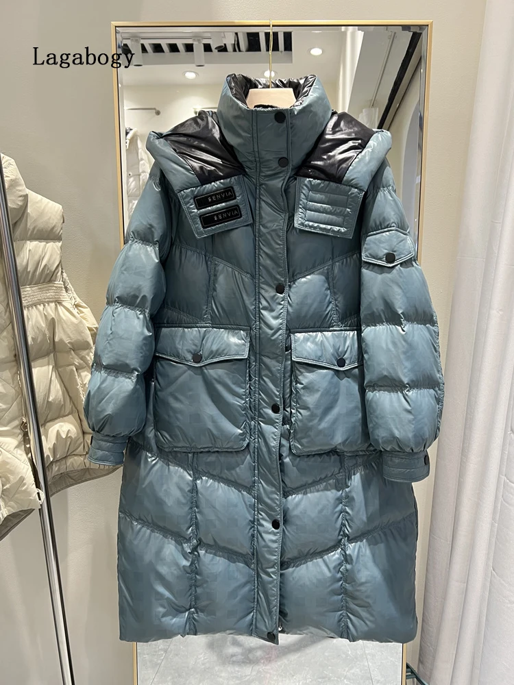 Lagabogy 2022 New Winter Women Fashion Long Warm Parkas Female Loose Hooded 90% White Duck Down Coat Snow Puffer Jacket Outwear