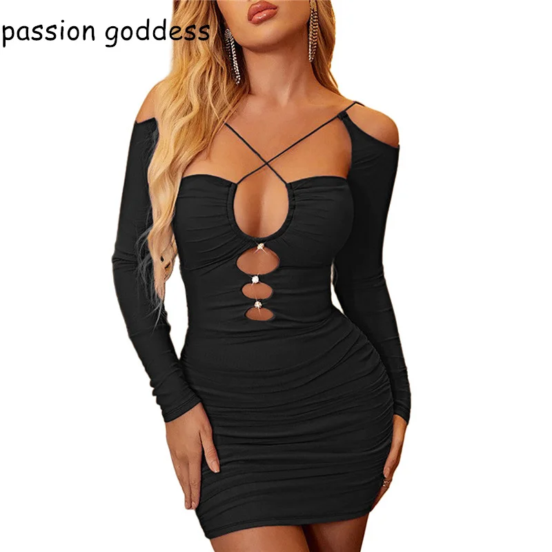 

Женское облегающее платье с длинным рукавом, откровенное платье с вырезами, обтягивающее Плиссированное мини-платье для ночного клуба, вес...