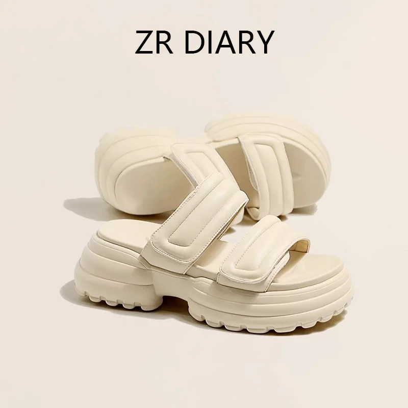 

ZR DIARY Chunky Slippers Women Microfiber Leather Thick Sole Hook & Loop Decor Outside Summer Ladies Shoes Handmade 30000